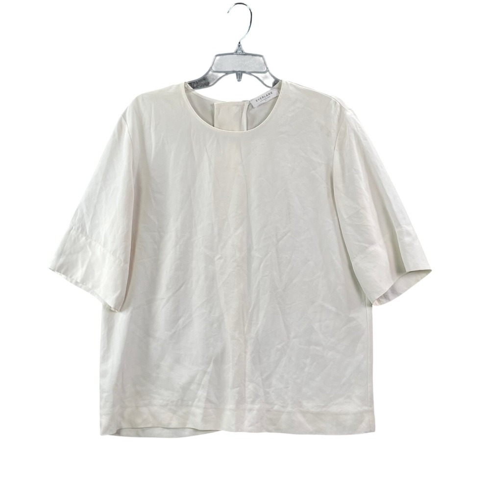 Everlane Blouse Women 8 White Short Sleeve Back Zip Twill Minimalist Top Classic